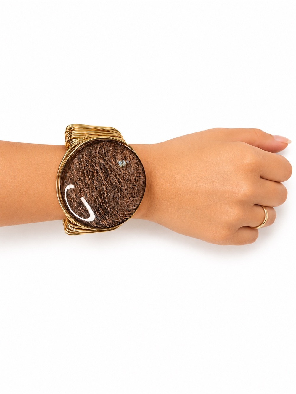 New Oversized Gold Tone Wire Cuff Bracelet with Brown Resin Cabochon Statement